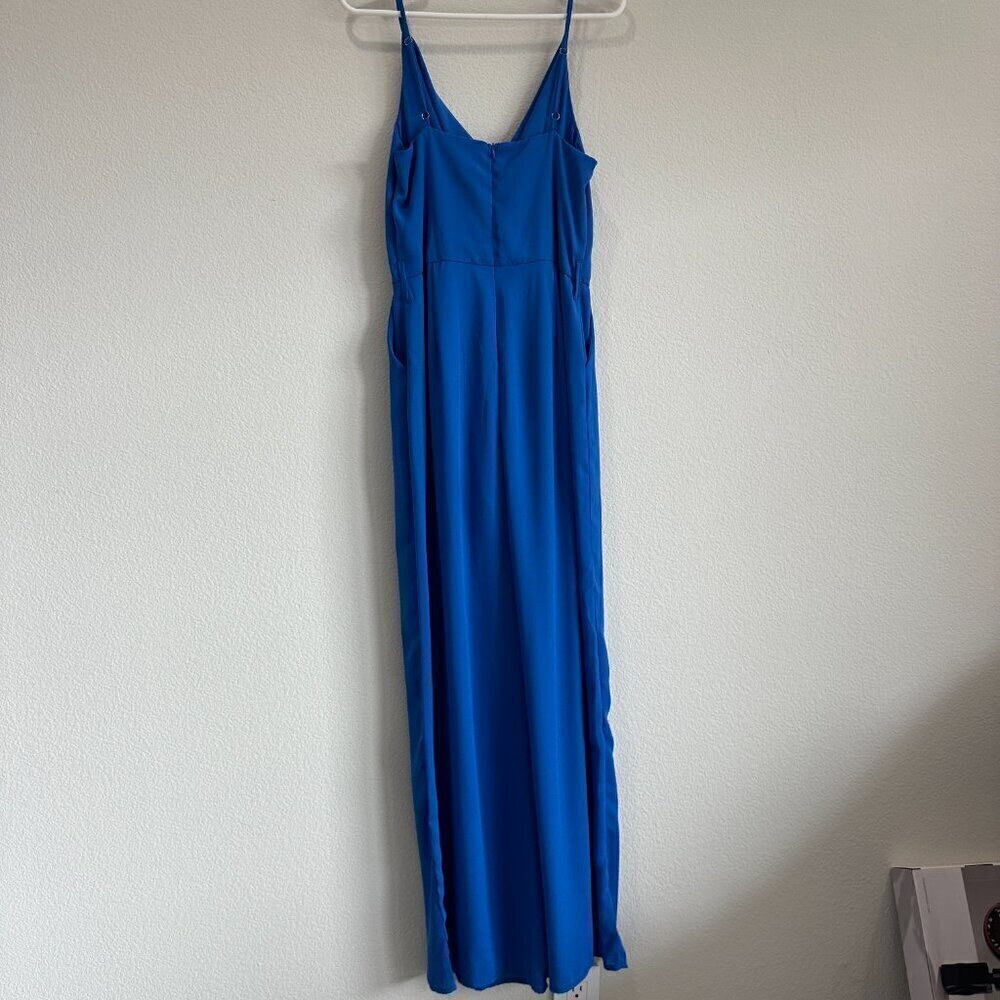 She + Sky Royal Blue Cowl Neck Spaghetti Strap Wide Leg Jumpsuit - Picture 2 of 8